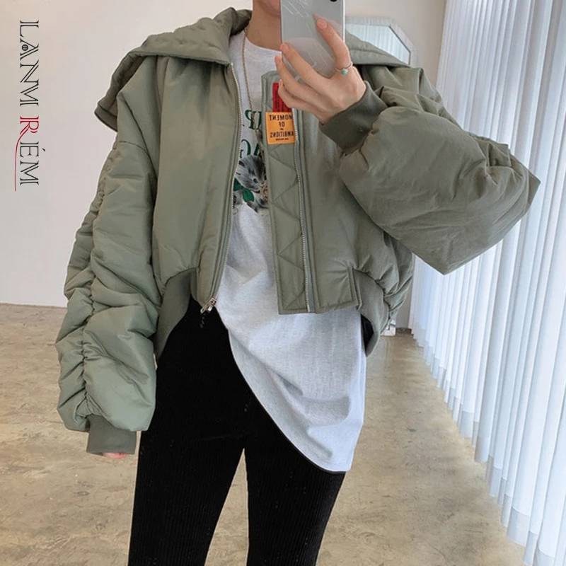 

LANMREM 2021 модное хлопковое пальто для женщин с капюшоном и воротником с длинным рукавом на молнии однотонное зимнее пальто женская новая одеж...