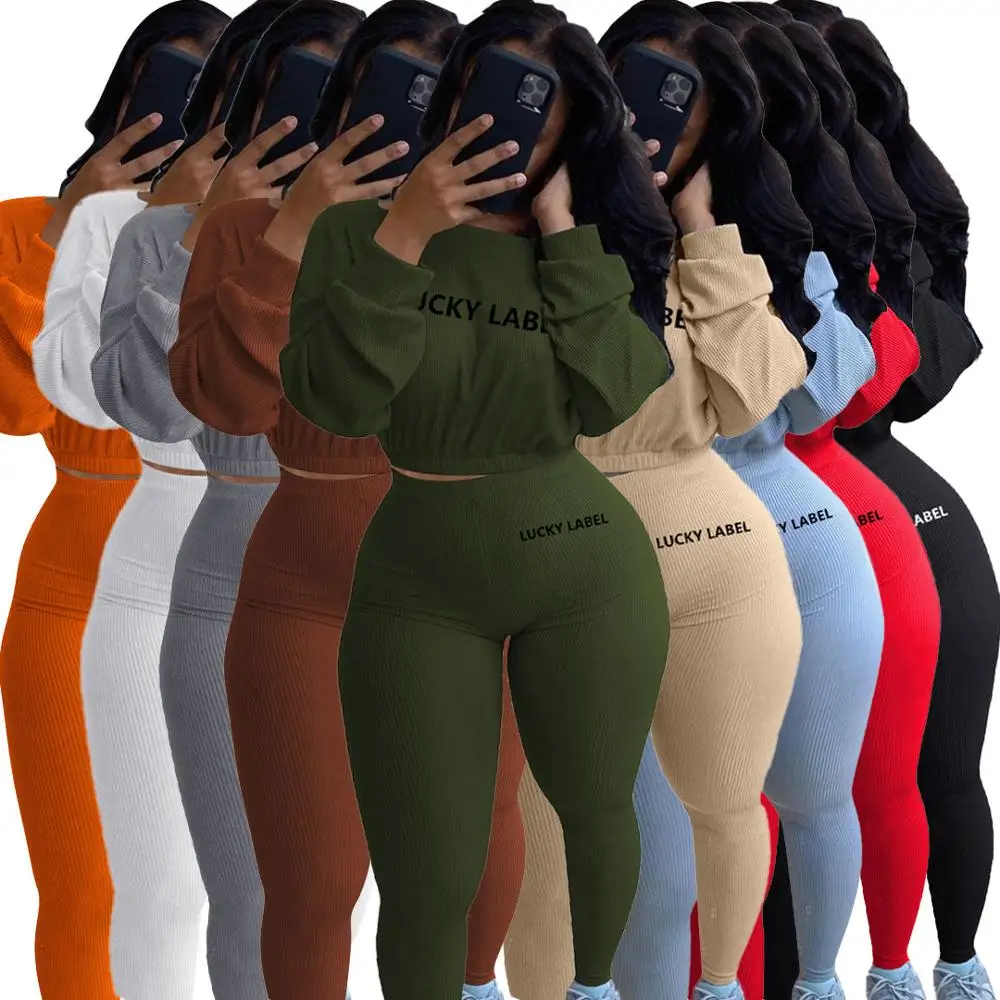 

Winter Solid Lucky Label Letter Embroidery Two Piece Sets Women Sweatshirt+Leggings Casual Sporty Tracksuits Female