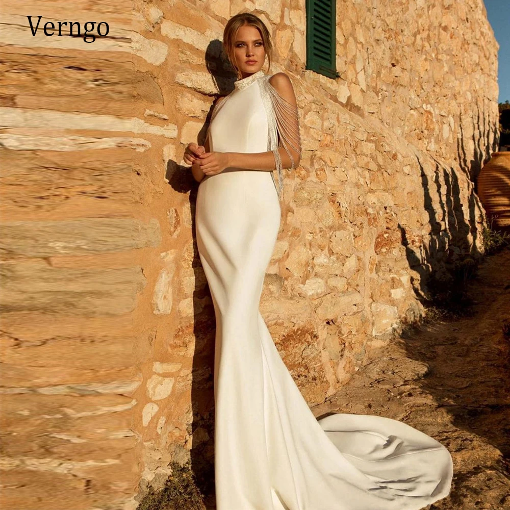 

Женское атласное платье-Русалка Verngo, Длинное Элегантное свадебное платье с высоким воротником, бахромой, рукавами и бусинами, с вырезом на с...