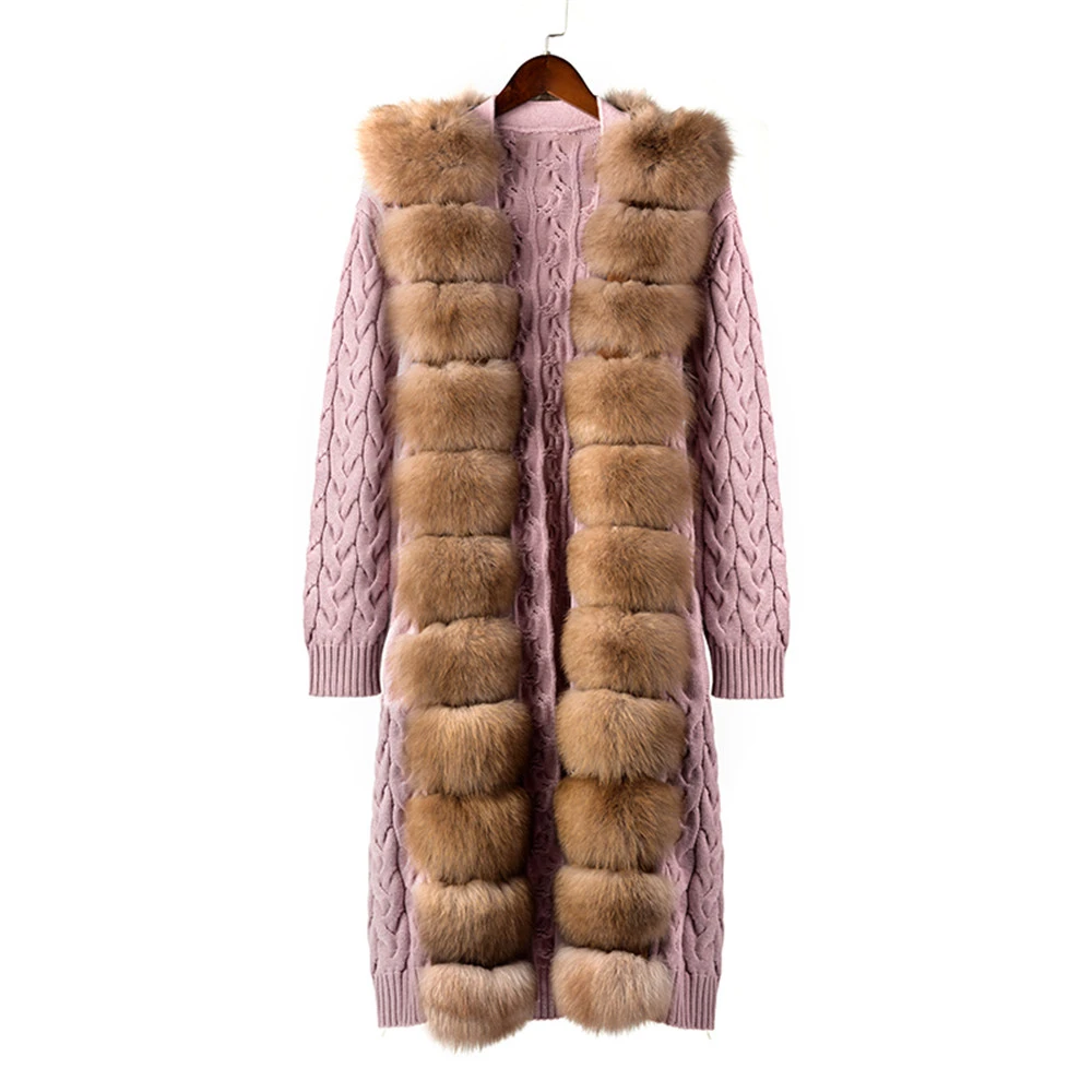 YC031-3 Tatiana Furclub Модное темно-серое трикотажное пальто с поясом зимнее пальто из натурального меха женское тонкое вязаное с лисьим меховым воротником длинное пальто - Цвет: YC031-3