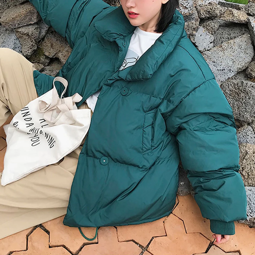 PUIMENTIUA Winter Warm Jacket Women Stand Collar Solid Black White Female Down Coat Loose Womens Plus Size Short Parka New