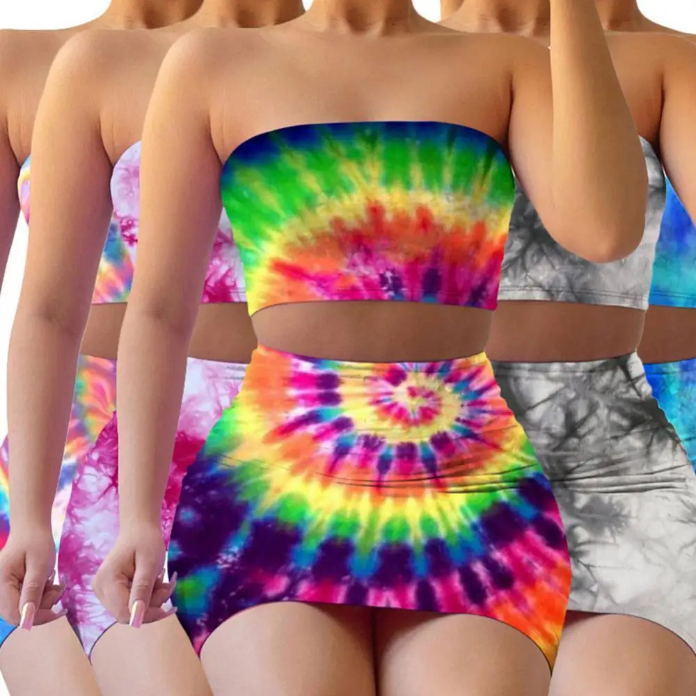 

Женские комплекты летних платьев, модный топ-бандо с принтом на завязках, обтягивающая мини-юбка, летнее платье, 2021