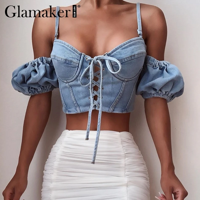 Glamaker Сексуальная джинсовая женская блузка Женский Топ Женская кружевная элегантная рубашка с пышными рукавами осенняя синяя Зимняя Блузка укороченная рубашка
