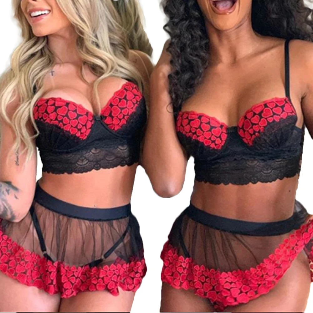 

NEW Sexy Lady Women Lace Lingerie Sets V-Neck See Through Slim Lace Bra Crop Top+High Waist Skirts G-string Briefs Underwear