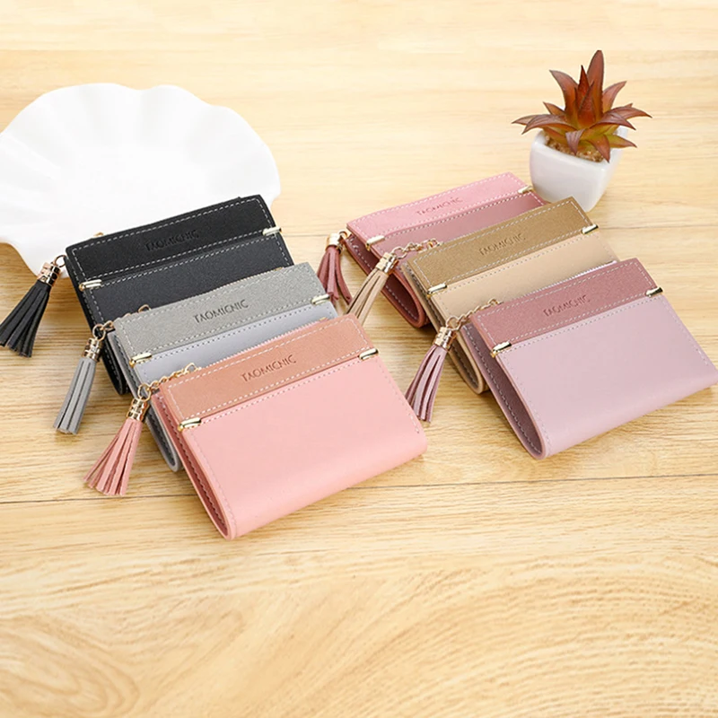 

New Tassel Ladies PU Leather Wallet Women's Short Wallet Girls Scrub Coin Purse Multi-card Buckle Female Small Zipper Wallet