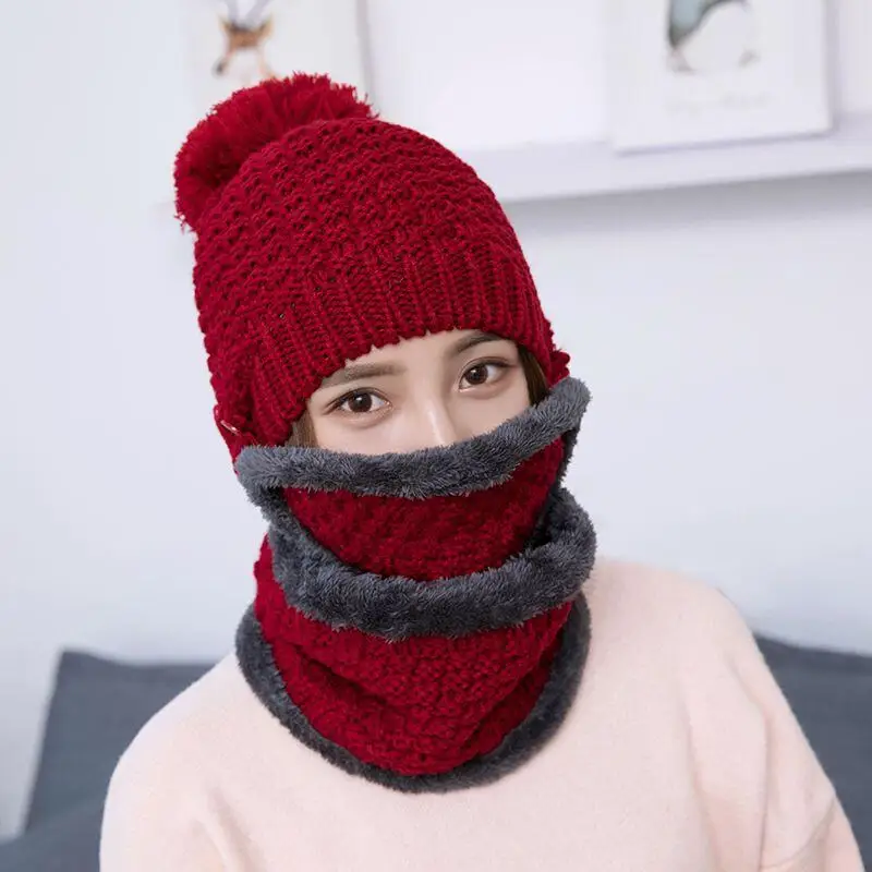 

Winter Beanie outdoors Women Fashion Solid Fur Wool Lining Thick Warm Knit cashmere Hat Cap Scarf Sets Skullies Bonnet