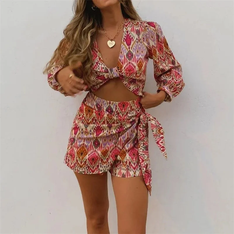 

feminine ensembles skirt printed women's top floral women's hose long harvest knot top summer vintage suits high waist