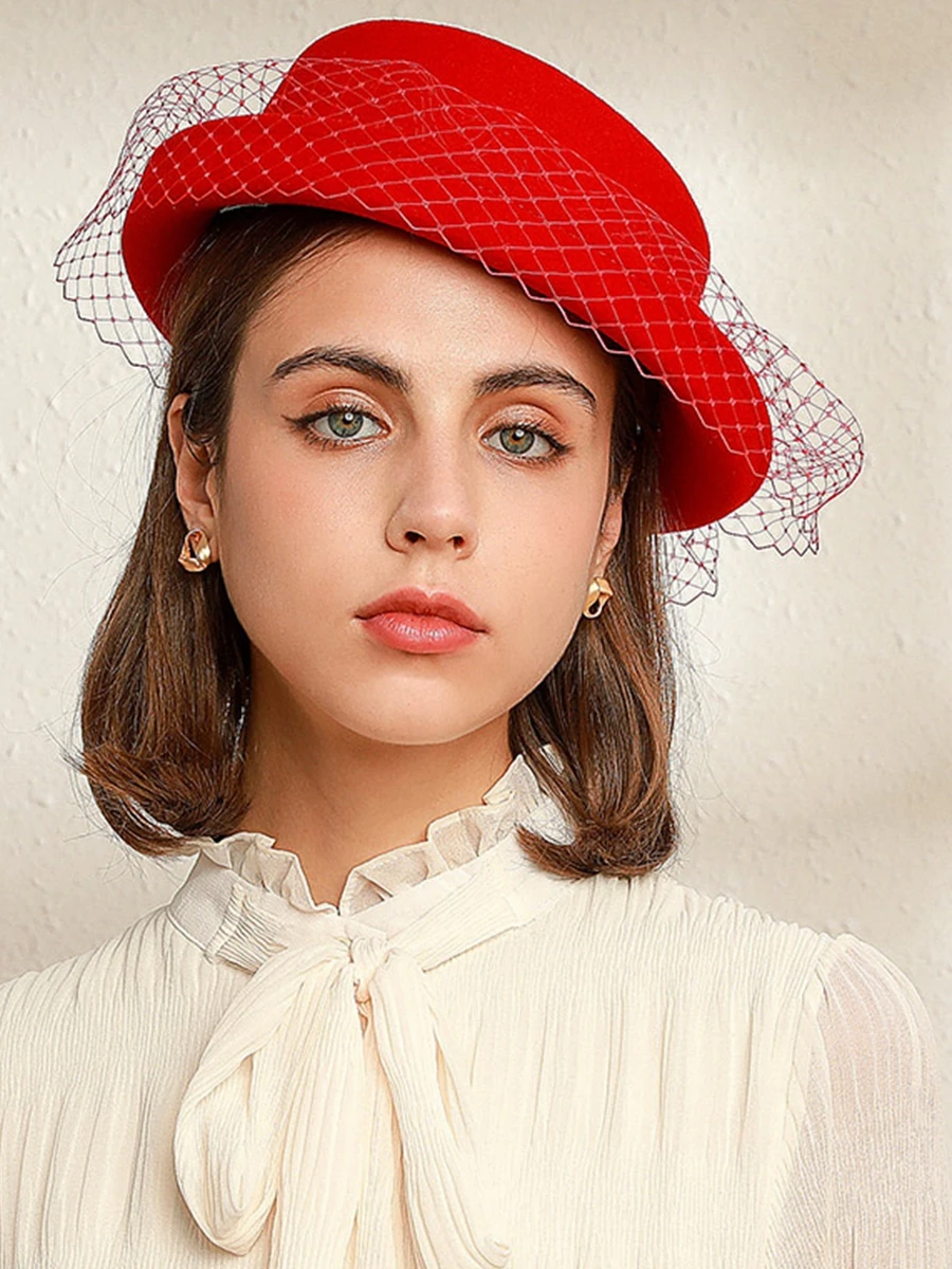 

High Quality 100% Wool Fedora Lady Party Veil Felt Hat Women Pork Pie Hats 55-58cm
