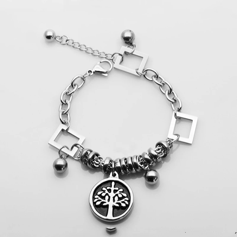 

New Stainless Steel Tree of Life Bracelets Bangles Geometric Square Chain Beads for Women Adjustable Jewelry Friendship Gift