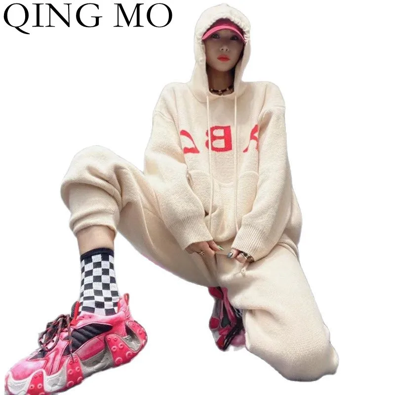 

Женский трикотажный костюм QING MO, толстый свитер с капюшоном и повседневные брюки, комплект из двух предметов, Осень-зима 2021