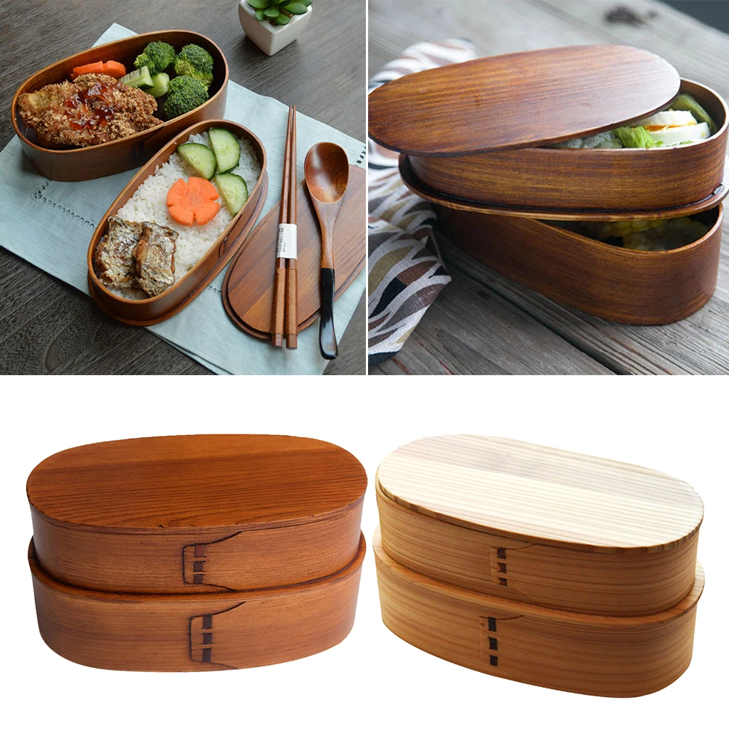 

Japanese Double Layers Food Container Oval Natural Wooden Bento Lunch Box
