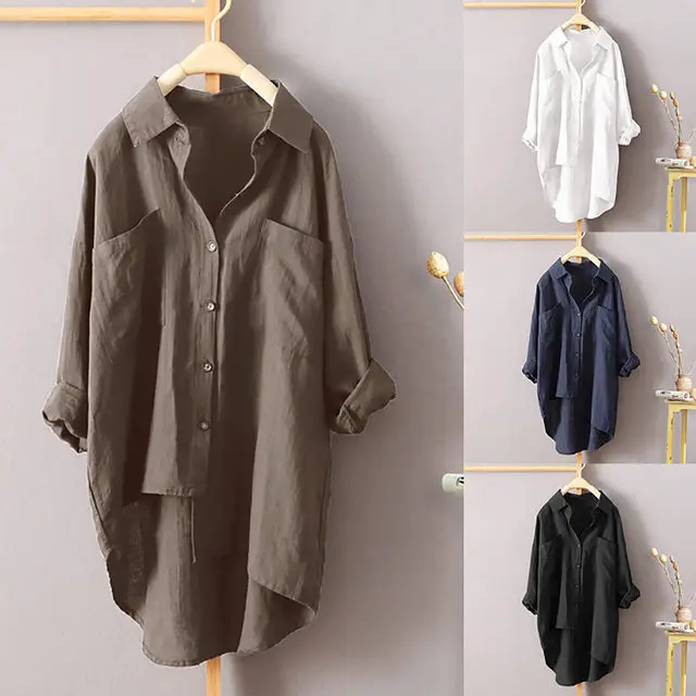 

White Linen Shirt Women Long Sleeve Summer Work Wear Linen Blouse Female 5xl Women Blouses Plus Size Women's Shirts With Pocket