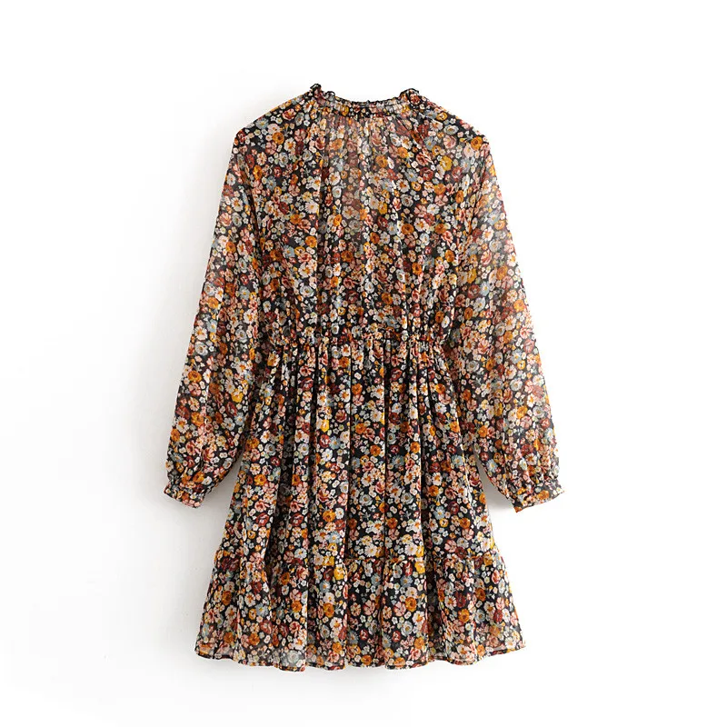 

2020 New Summer Boho Floral Print Dress Women Lantern Long Sleeve Pleated Dresses V Neck Beach Mini Dress Female Roupa Feminina