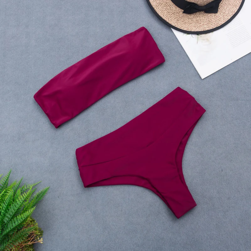 

Сексуальное женское бикини в стиле ретро, купальник-бандо с высокой талией и бесшовным вырезом, красное Бразильское бикини для женщин 2020