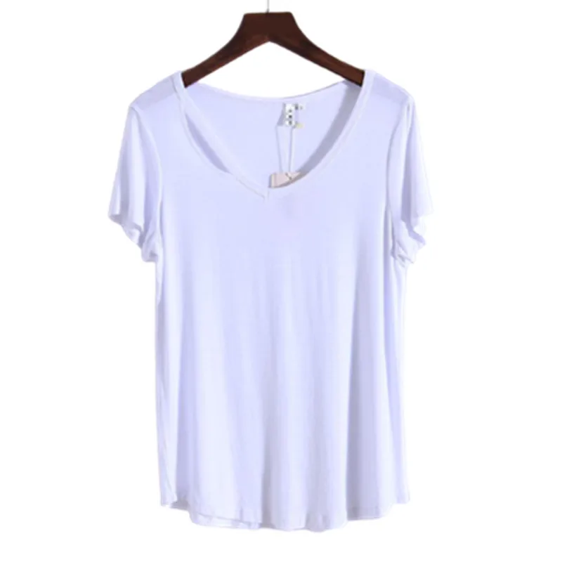 Модальные Однотонная одежда свободные V образным вырезом футболки с коротким