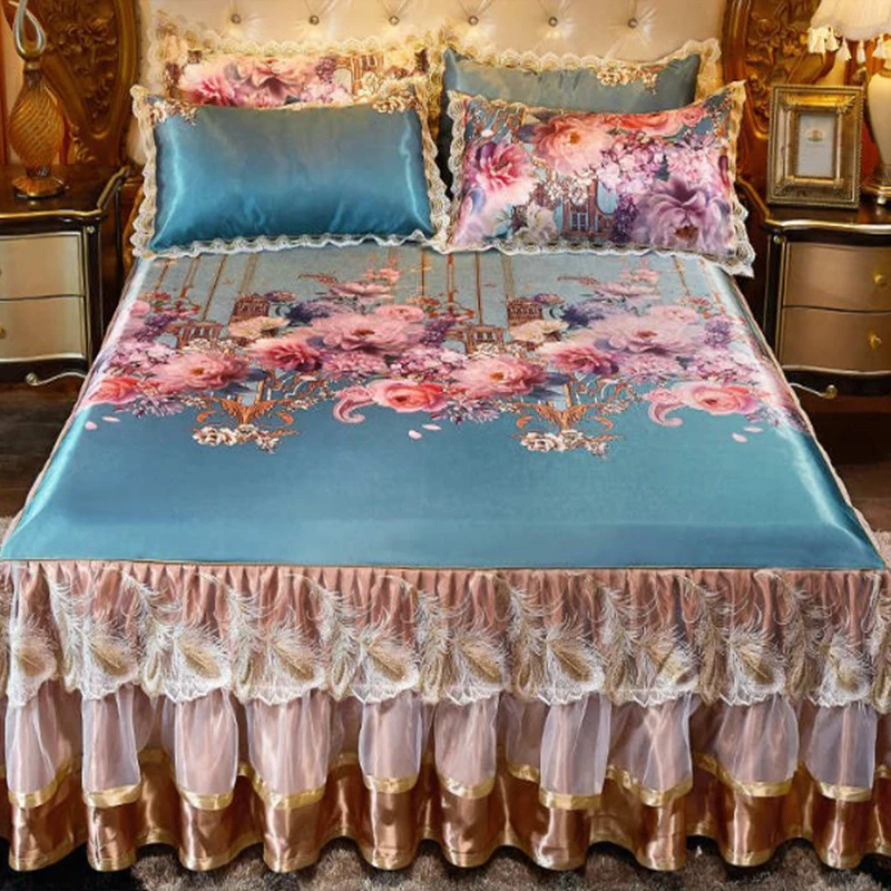 

2021 New 3pcs high level bedspreads luxury lace bed cover summer cool skirted ice bed mat skirted bed sheet hot sale bed skirt