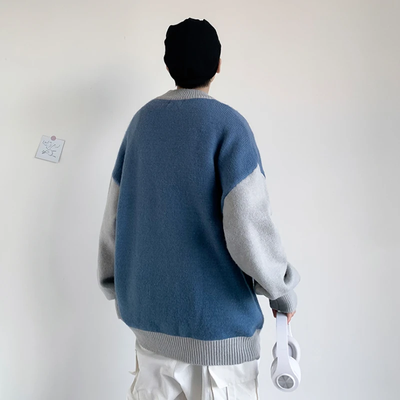 

Autumn Men Pullovers Patchwork Sweaters Loose Couples Korean Style All-match Comfortable Knitted Thick Warm Male Clothing Simple