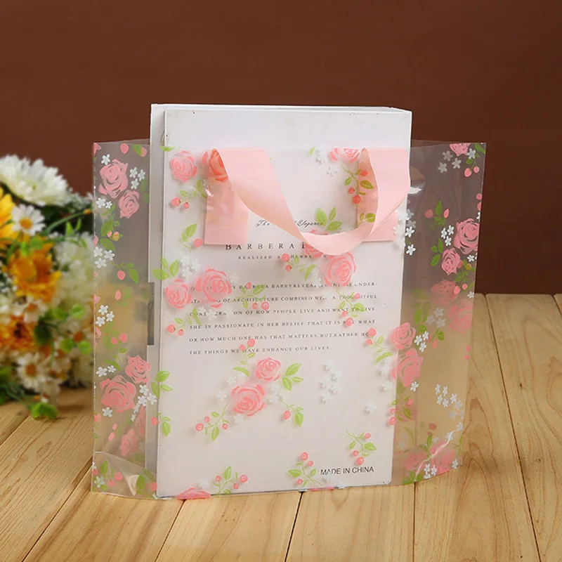 

Clear Plastic Shopping Carrier Bags with Handle Gift Boutique Packaging Floral Rose Printed Large Cute 5 Sizes 200pcs/lot