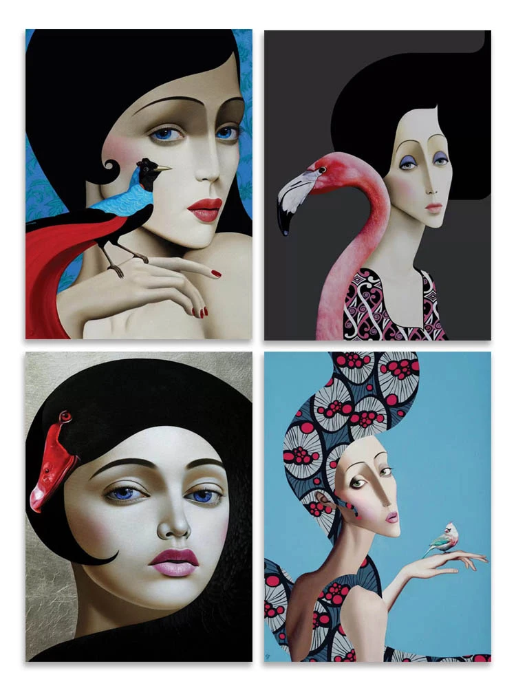 

No Frame Girl with A Bird Poster Wall Art Print Canvas Painting Nordic Posters and Prints Pictures Bedroom Decor
