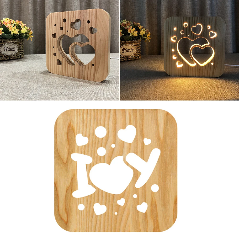 

Wooden 3D Animal Hollow Night Light USB Warm/WhiteTable Lamp Novelty Gift Pet/Valentine's Day Series Wood Carving Bedroom Decor