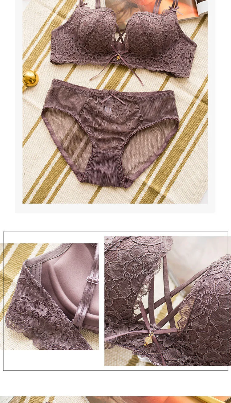 Roseheart Women Red Green Lace Trim Cross Straps Bralette Cotton Panties Push Up Bra Sets Underwear Sexy Lingerie Sets A B