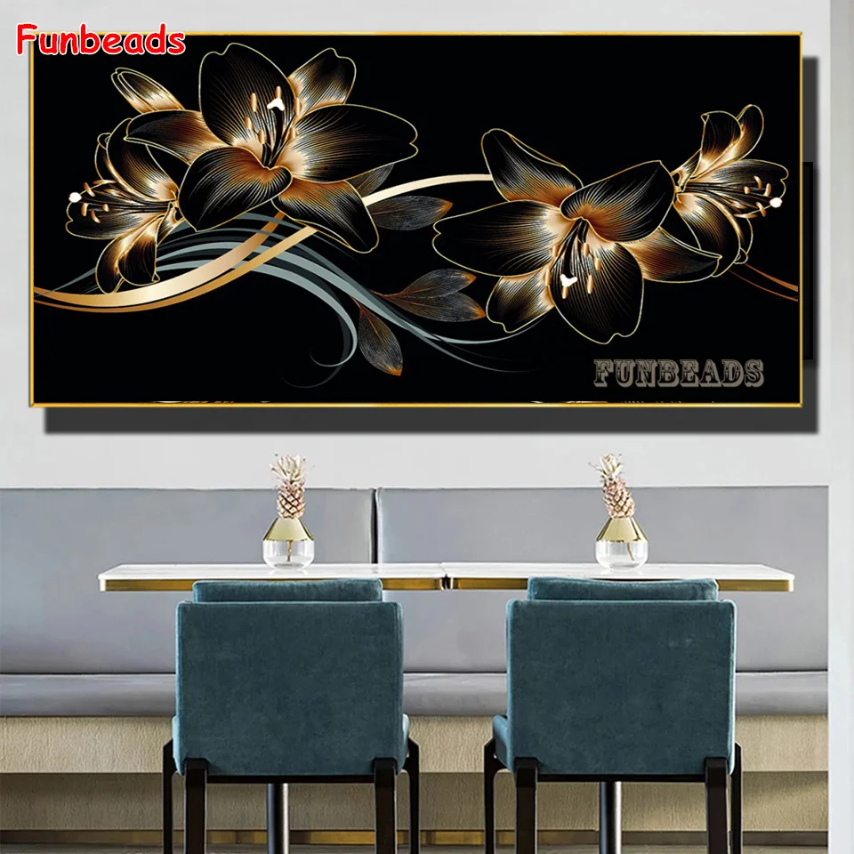 

Black Gold Leaves Flowers diamond embroidery Large Size diy diamond painting cross stitch 5d full square round drill 3d GG6392