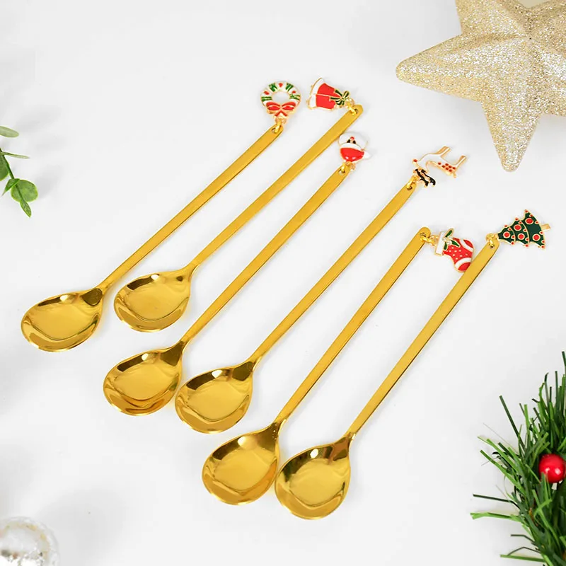 Cucharas navideñas de acero inoxidable para pastel, cuchara de café para postre, accesorios de