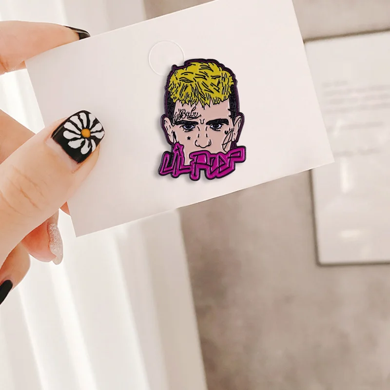 Брошь Lil Peep красивая голова рэпера с желтым знаком для волос эмалированная брошь