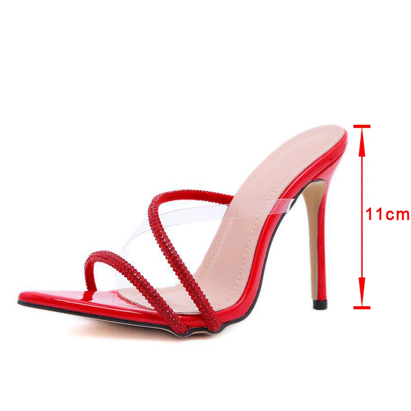 

2021 Women Slippers High Heels Thin Heel Pointed Toe Crystal Transparent Belt Females Flip Flops Sexy Cross-Tied Ladies Slides