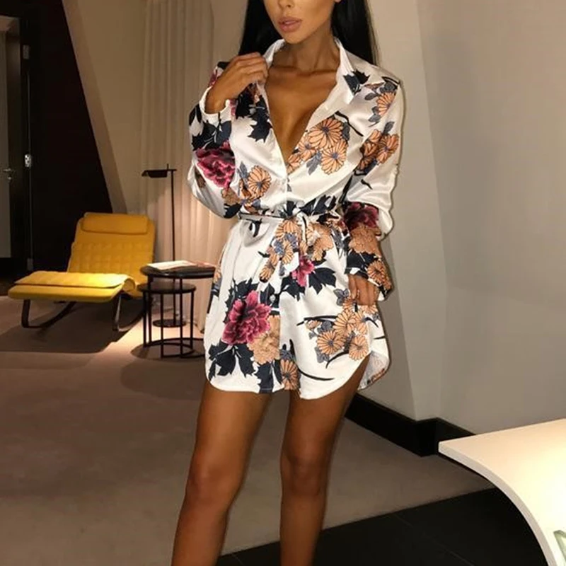 

Ladies Sexy Shirt Dress Women Fashion Print Floral Mini Dresses Large Lapel Dress Silk Satin Party Dress Slim Vestidos For Women