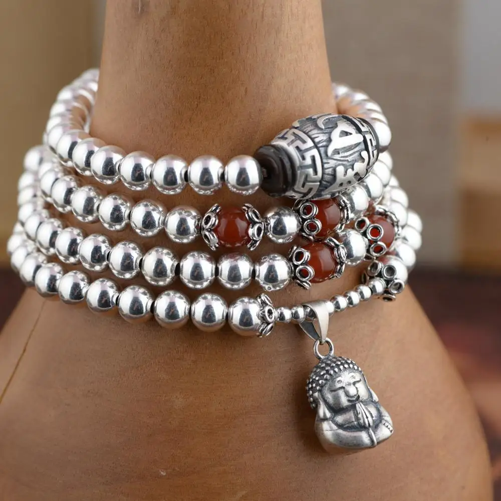 

Real S925 Sterling Silver colour Beads Chain Bracelets With Buddha Figure Tibetan Buddhism Mantra Six Words' Engraved Prayer