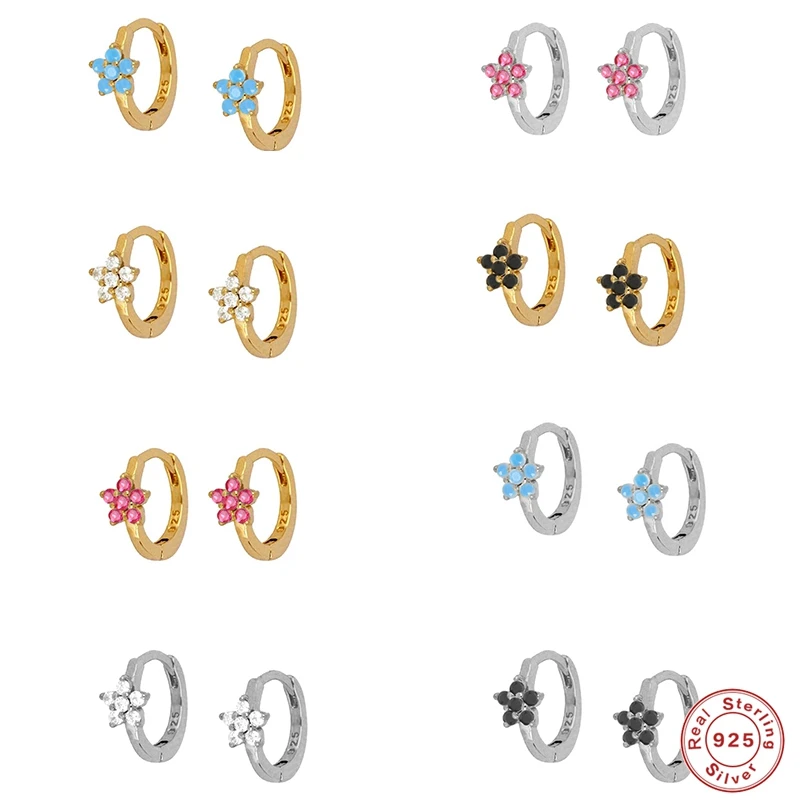 

Aide Genuine 925 Sterling Silver Rainbow White Blue Black Shiny Crystal Zircon Flower Huggie Hoop Earrings for Women Earrings