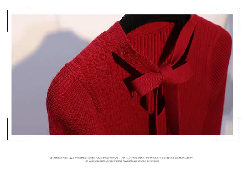 

Elegant Midi Sweater Dress Women 2019 V-neck Sash Bows Flare Sleeve A-line Knitted Dress Vintage OL Winter Dress Vestidos Mujer