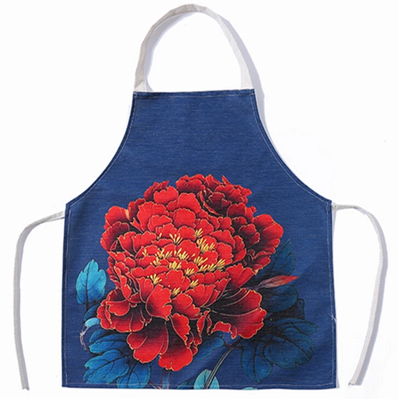 

Kitchen Men Women Apron Anti-fouling Home Apron Peony Printed Letters Fashion New Kitchen Cotton And Linen Adult Bibs