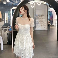 new style wooden ear flying sleeves mesh polka dot water soluble lace slim fit patchwork dress womens clothing