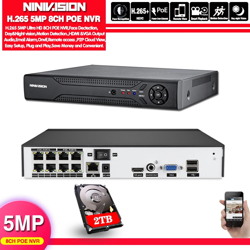 Камера видеонаблюдения HD POE NVR 8 каналов аудио ONVIF H.265 1080P 4 МП 5 МП|Видеорегистратор