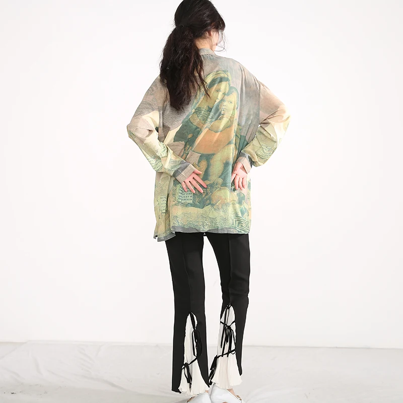 

[EAM] Women Green Pattern Printed Bandage Blouse New Lapel Long Sleeve Loose Fit Shirt Fashion Tide Spring Autumn 2021 1DC086