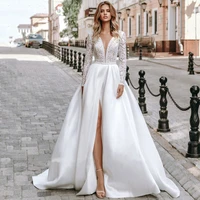 lace wedding dresses v neck long sleeves satin high split bridal dress a line 2021 white wedding gown plus size robe de mariee