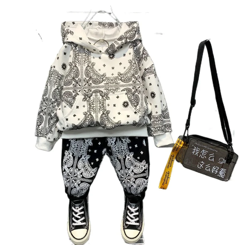 

Spring and Autumn Fashion Children's Sets Boys Personality Two-piece Suit Kids Print Hooded Top Pants Suit BT33