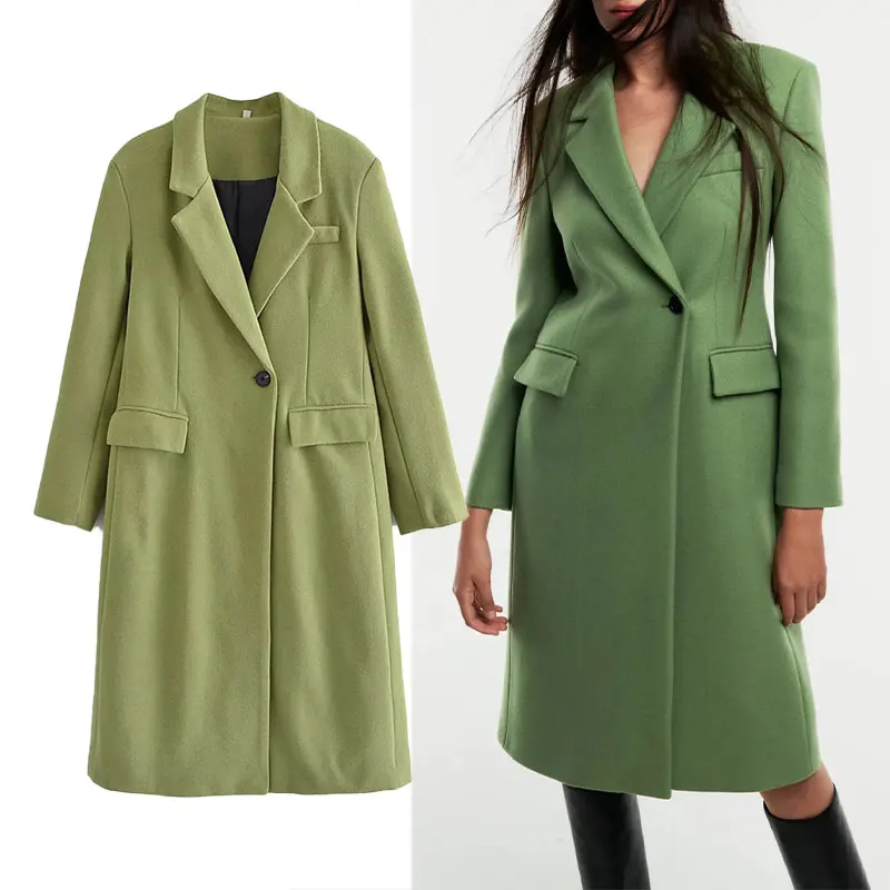 

Женское длинное шерстяное пальто ZA, приталенное теплое шерстяное пальто на одной пуговице, с карманами-клапаном, уличная мода, Осень-зима 2021