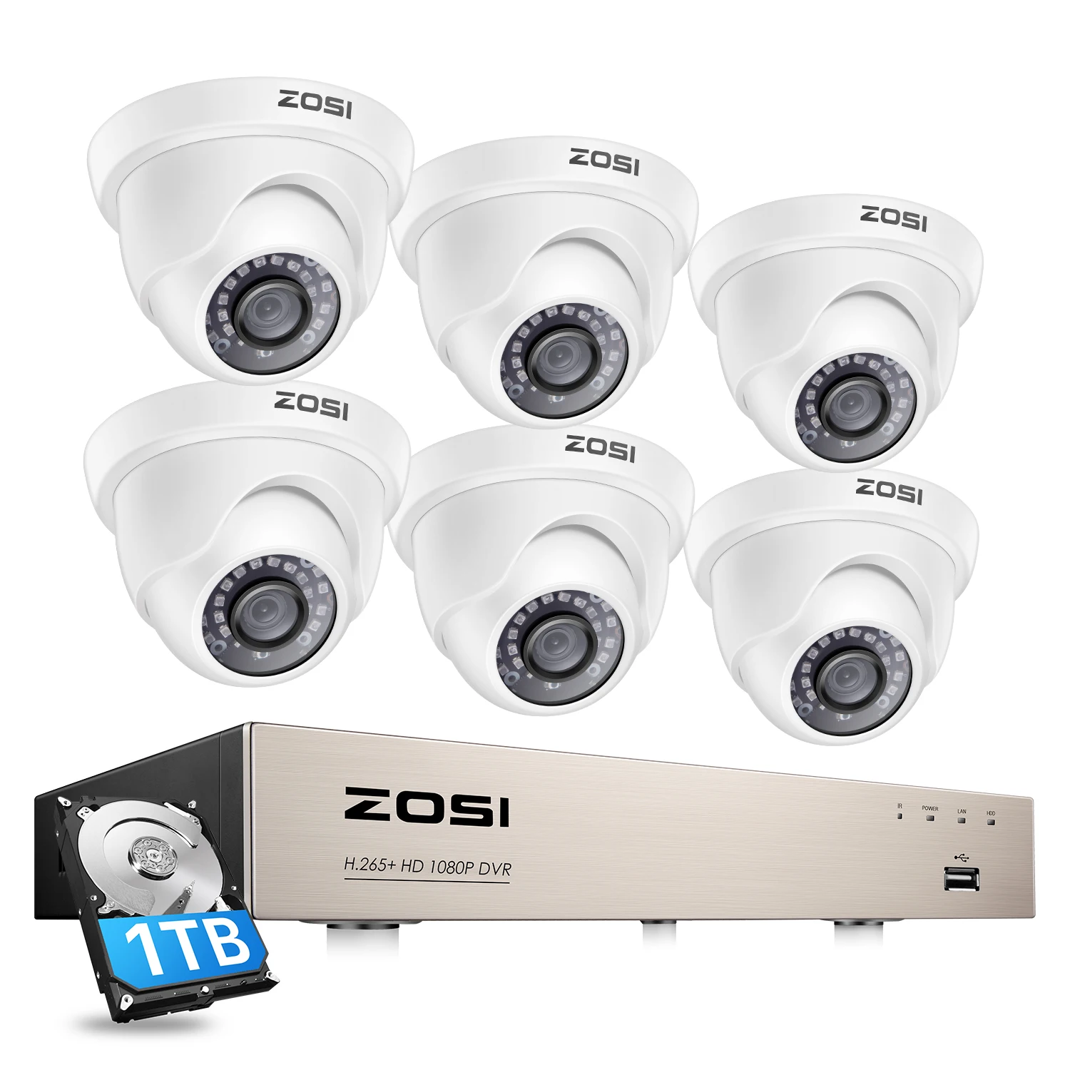 Система видеонаблюдения ZOSI 1080P Full HD 8 каналов H.265 + DVR 6 шт. 2.0MP купольная камера - Фото №1
