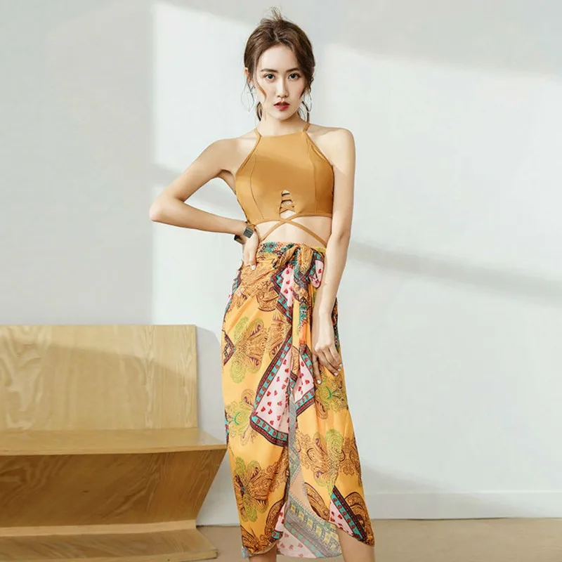 Women's Swimsuit Three-piece Suit Small Fragrance Style Ladies Conservative Bikini Chest Gathered Split Set New | Спорт и