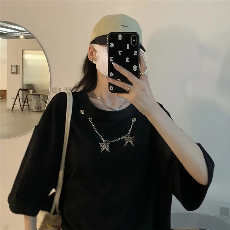 

2519 women new design sense butterfly chain loose Korean version of the wild short round neck short sleeve T-shirt