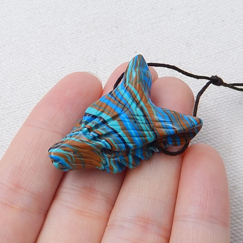 Sale 1Pcs Rainbow Jasper Handcarved Wolf Head Side Drilled Necklace Pendant 34x25x11mm 8.2g