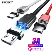magnetic usb cable 3a fast data charging sync cord for iphone 6 7 samsung galaxy s8 s9 a50 type c micro usb c mobile phone cable