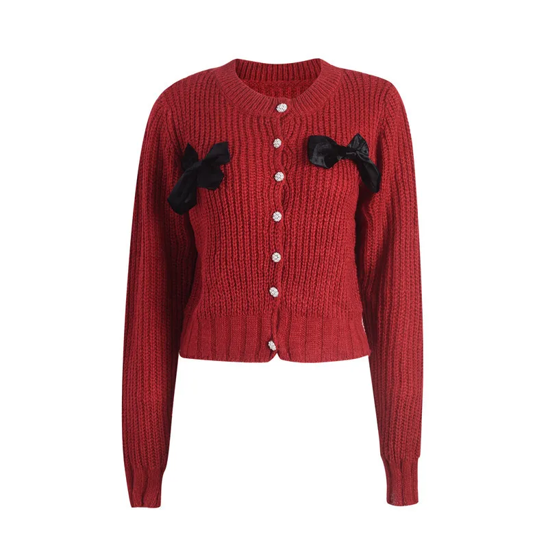 

Red Christmas Sweater 2020 Autumn Winter Fashion Bow O-neck Long Sleeve Knitted Cardigan Femme