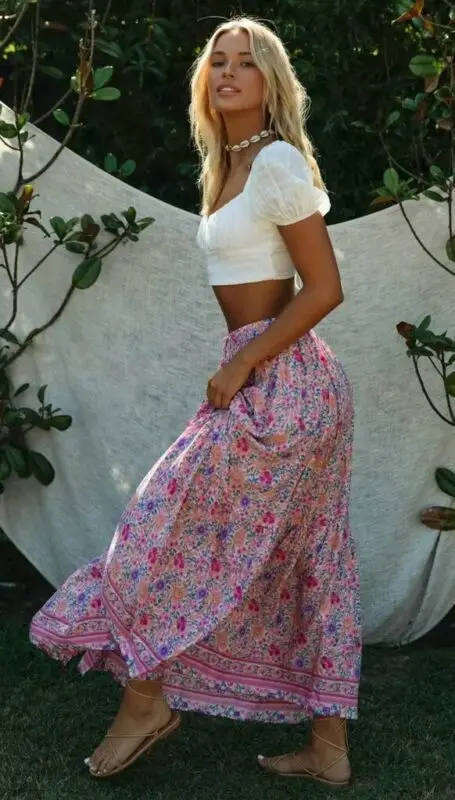

Women Floral Printed Vintage High Waist Beach Skirts Joker Skinny Long Dress