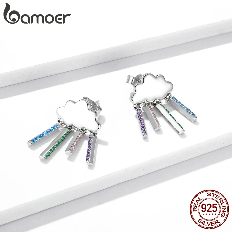 bamoer Silver Rainbow Rain Earring 925 Sterling Colorful Cartoon Jewelry Gift For Women Wedding Statement BSE468 |