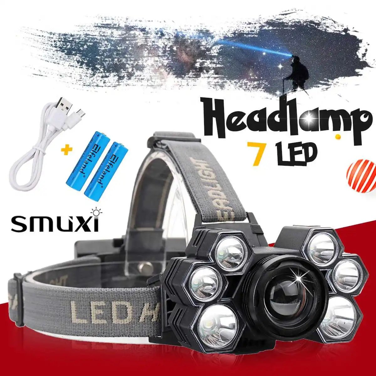 Smuxi 85000lm светодиодный налобный фонарь 7 * t6 Фара 5 Режимы налобного фонаря