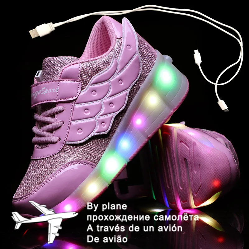 

27-40 Pink White USB Charging Fashion Girls Boys LED Light Roller Skate Shoes For Children Kids Sneakers With Wheels One wheels
